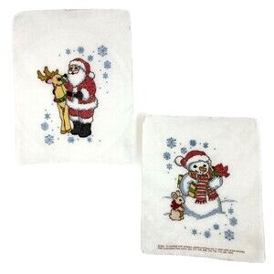 2 Christmas Cross Stitch Samplers Santa Reindeer Snowman Needlework Finished